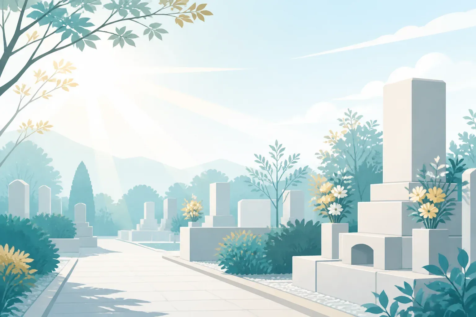 手入れされた霊園の朝の風景