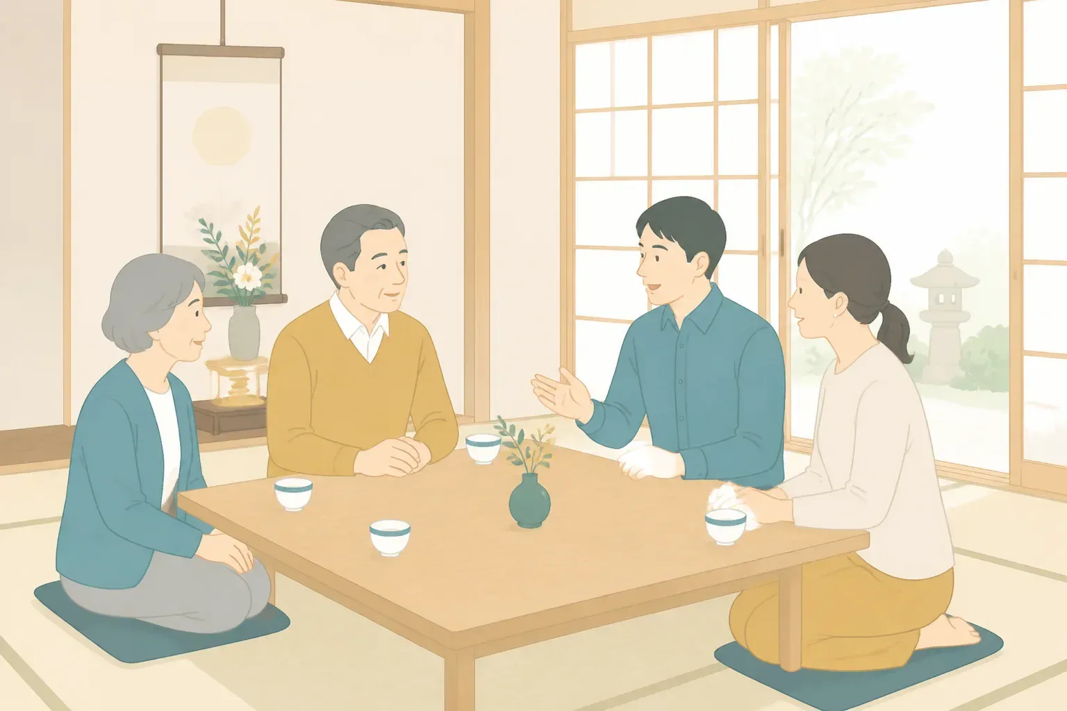 家族で供養について話し合うイメージ