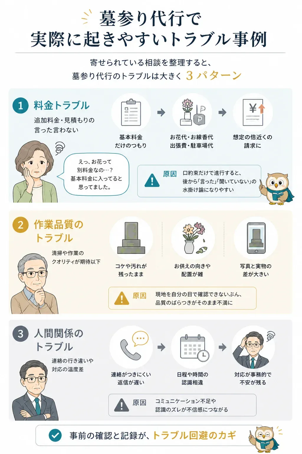 墓参り代行で起きやすい3つのトラブル類型の図解