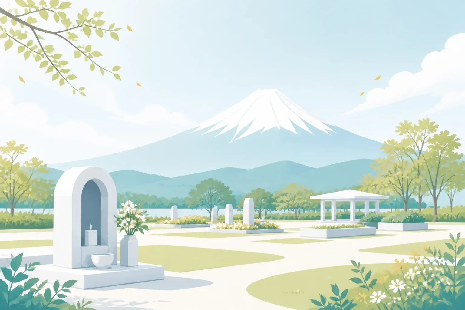 富士山の麓に広がる穏やかな霊園のイメージ