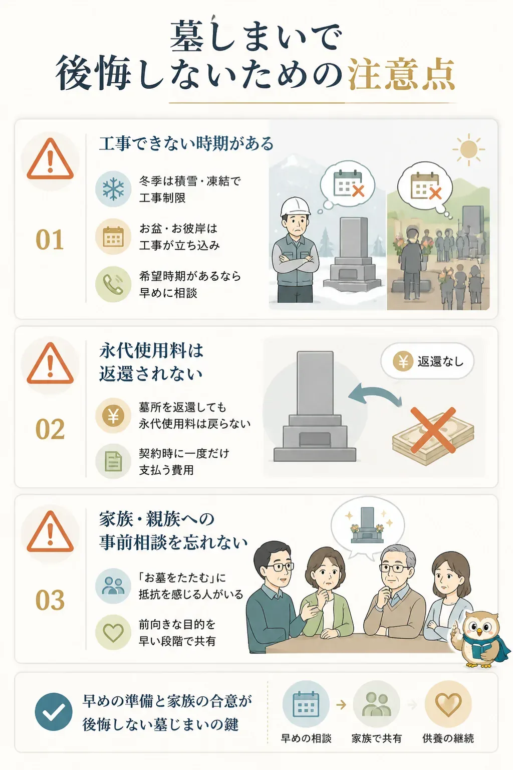 墓じまいで後悔しないための注意点を示す図解