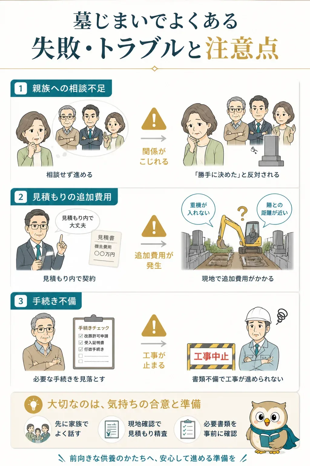 墓じまいのよくある失敗と注意点の図解