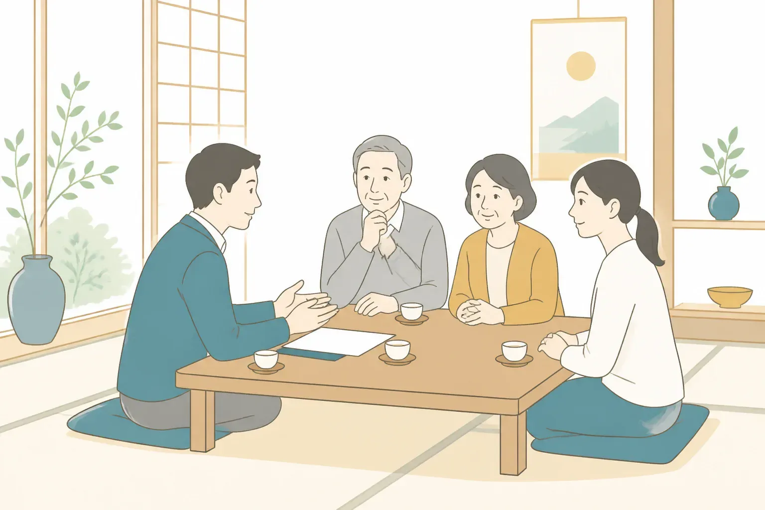 家族で墓じまいを相談する落ち着いた雰囲気のイメージ