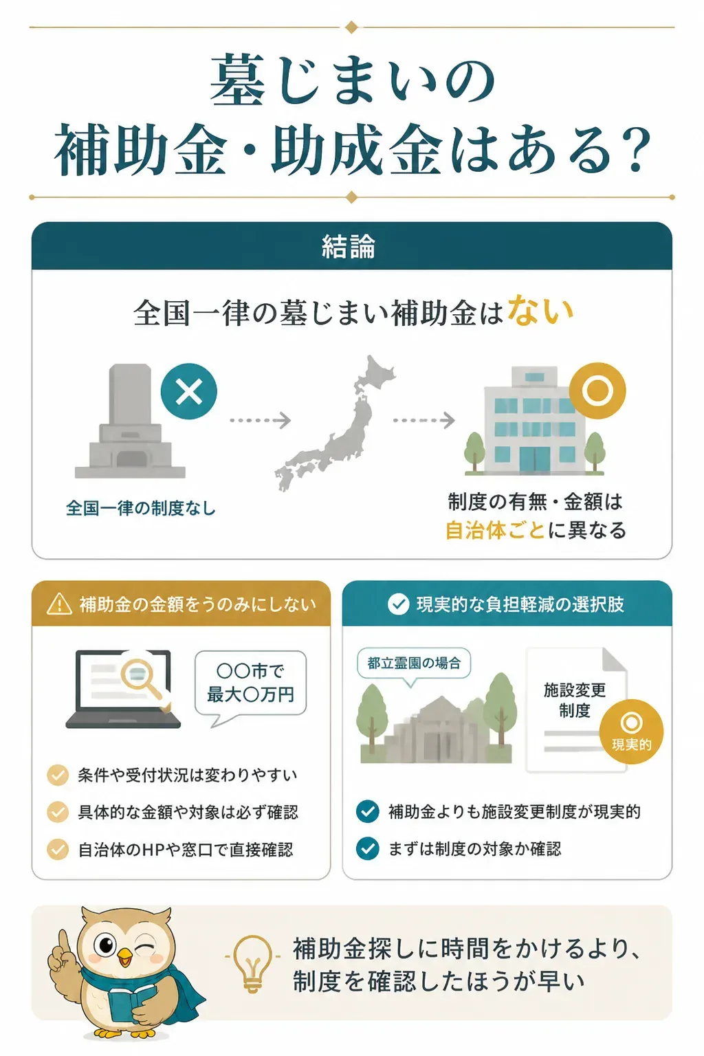 墓じまいの補助金が自治体ごとに異なることを示す図解