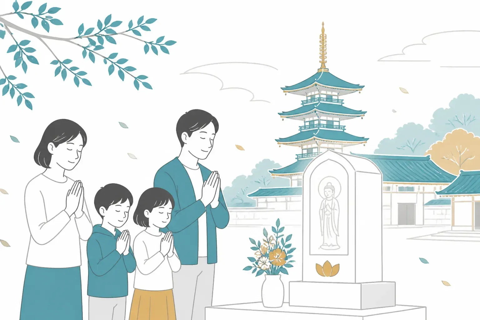 墓じまいを終えて手を合わせる家族のイメージ