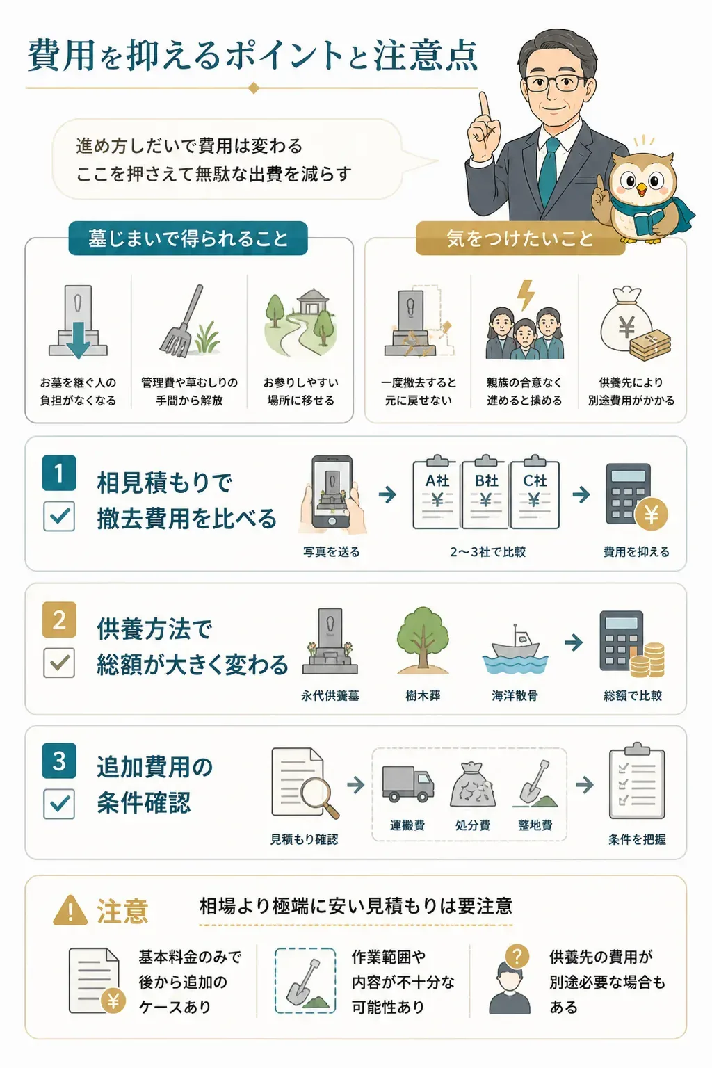 墓じまい費用を抑える3つのコツを示す図解