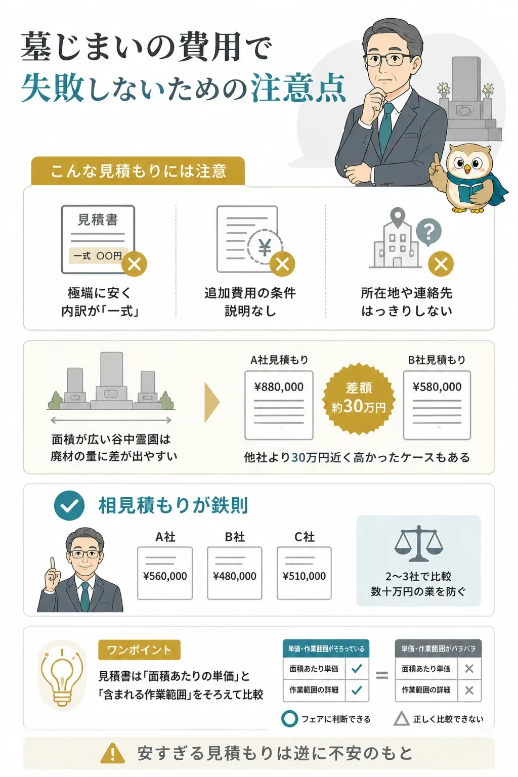 墓じまいの見積もりで注意する点を示す図解