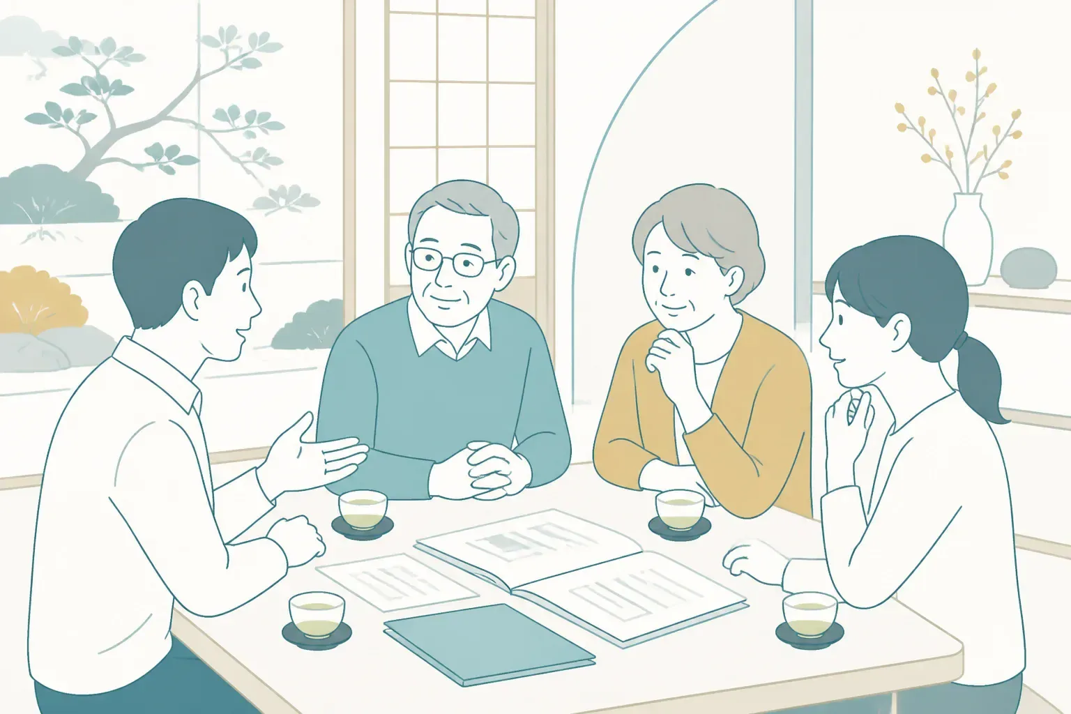 終活について穏やかに話し合う家族のイメージ