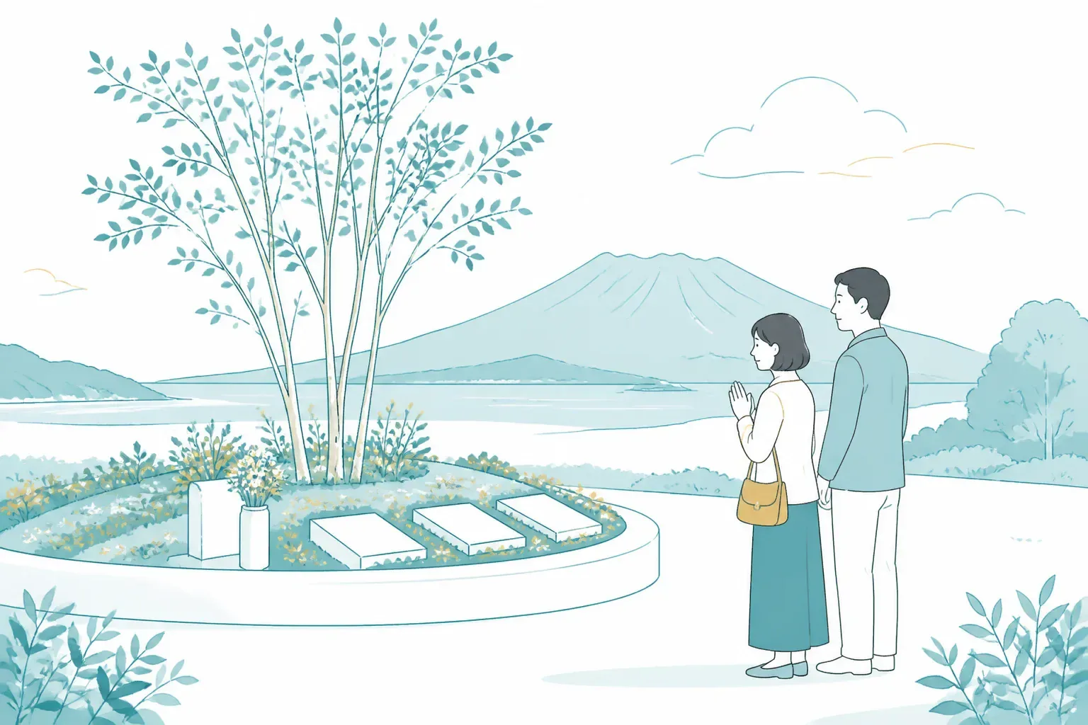 花に囲まれた明るい樹木葬の庭園のイメージ