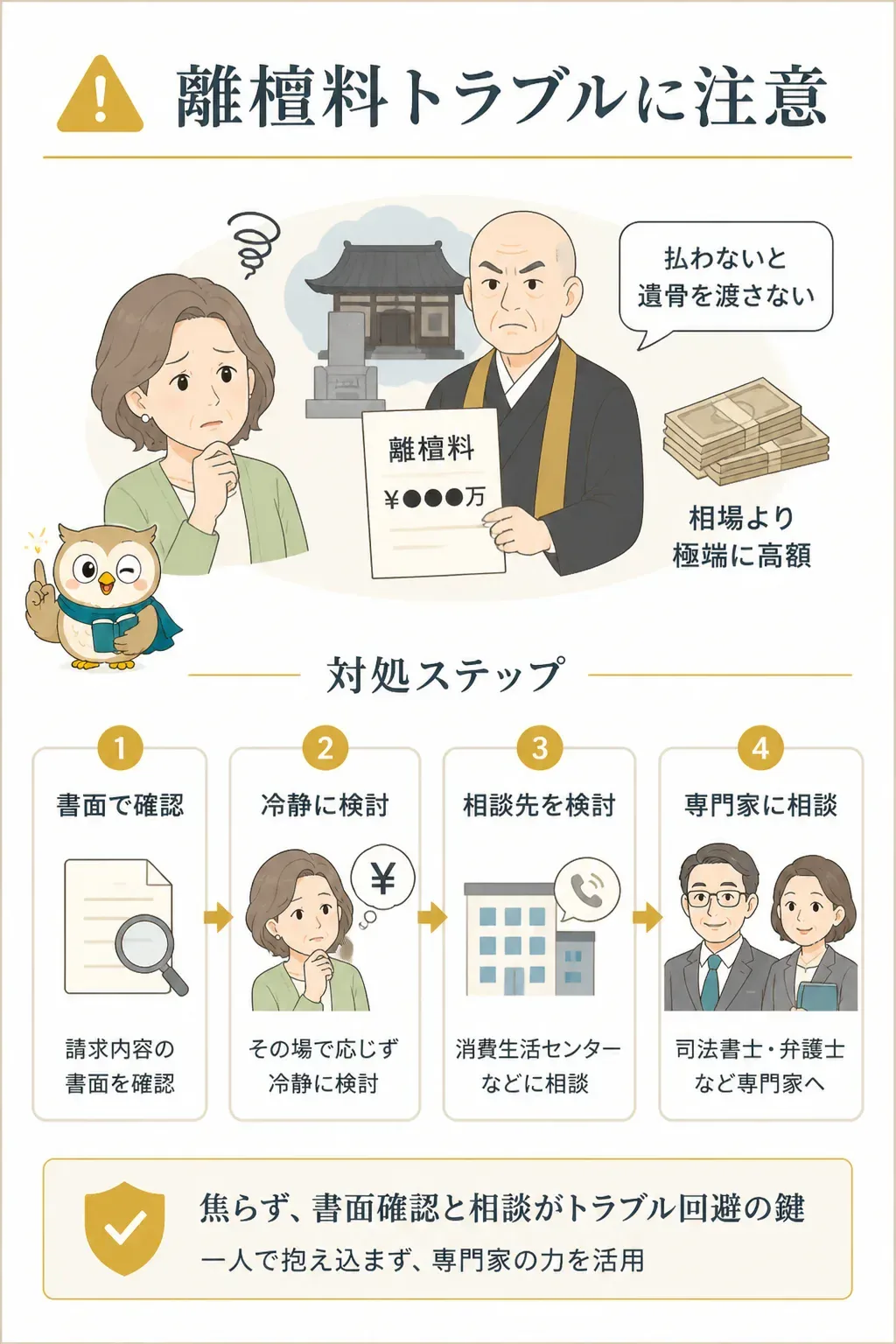 離檀料トラブルへの対処ステップを示す図解