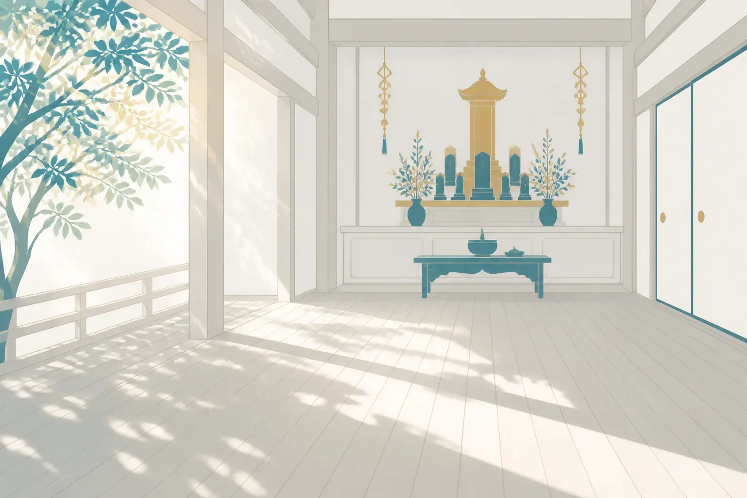 静かな寺院の屋内の様子