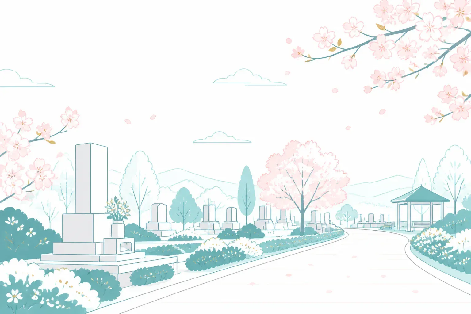 春の桜並木が続く静かな霊園のイメージ