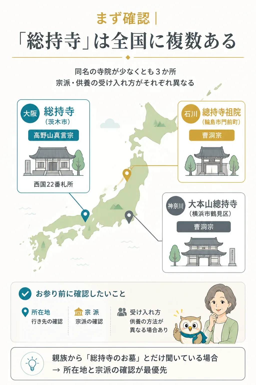 全国3か所の総持寺の所在地と宗派を示す地図