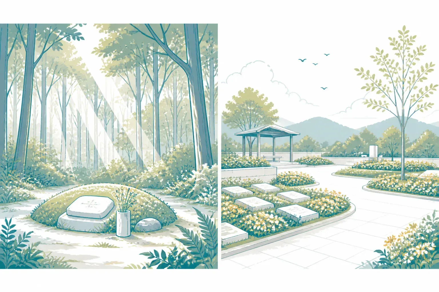 里山型と公園型の樹木葬の風景イメージ